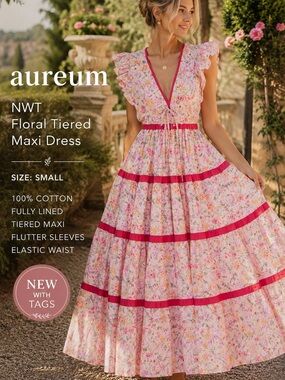 Aureum NWT Pink Floral Tiered Cotton Maxi Dress Flutter Sleeve Size Small Boho